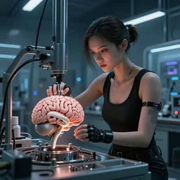 cyberpunk girl replacing her brain in a laboratory, epic, artwork by Mead, Syd