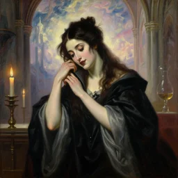 a renaissance oil painting by Alma Tadema of dream Demonic beautiful vampire woman mistress of death mourning widow, faint smile dark lipstick, dark lit candles, cloudy cathedral hall, colourful pastel trending artstation, detailed portrait academic caravaggio Bouguereau, sharp focus medium shot