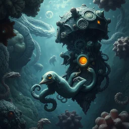 the omni, hatchlings, interwoven lush layered biomechanical, onscientia, phantastica, aliena, nudibranch, squidworm in symbiosi crusta, uspaceship nocturno pellucens, cerebri, mollis, exesa, artificia, vortices micro water,, fluida, by peter mohrbacher