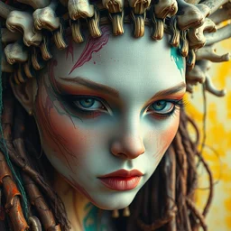 close - up portrait of a beautiful jibaro siren from the movie love, death and robots by irakli nadar with intricate detailed color smashing fluid oil paint and acrylic, headdress made out of bones, melting wax, mycelia, abstract impressionism, ruan jia, fantasy, hyper detailed, concept art, by peter mohrbacher and gustav klimt,