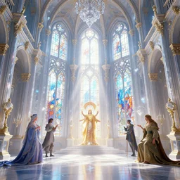 3 d game cg, interior of a bright crystal baroque palace, god rays, the sun shines through the stained glass. unreal engine, 4 k, game cg, alphonse mucha, greg rutkowski, james gurney, johannes voss, unreal engine, hyperdetailed, 4 k