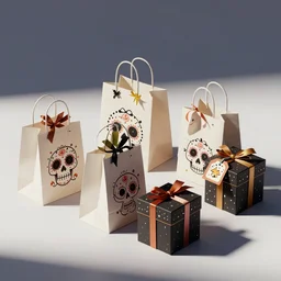 photoshoot of day of the death birthday party celebration, isometric, side view, decoration, front view, clean, tidy, close up photo of party favors, fun bags, loot boxes, gifts tags, favor tags, octane render