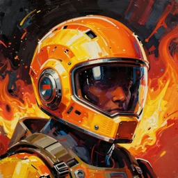 Widebrush Stylized Futuristic  helmet by René Laloux, Jean Giraud, Mœbius, Moebius, orange, yellow, saturated, high quality scan, 8k, artstationhq, IAMAG concept art pop-art fire black red yellow orange impasto oil painted daubed smoke flame fire army by anton fadeev dug stanat simon stalenhag anato finnstark lucian freud nicola samori Frank Auerbach, trending on artstation