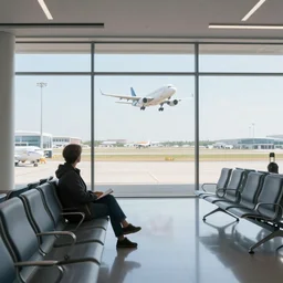 inside an airport waiting area looking outside, planes landing,