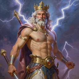 painting of a beautiful rendition of the mythical zeus, the lightning god, illustration, artistic, colorful, hyper detailed, in the style of greg rutkowski,
