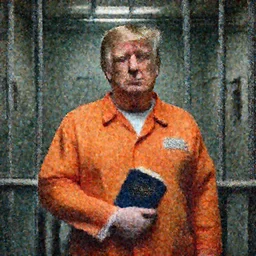 a head and shoulders portrait of Donald trump wearing orange prison clothing holding a bible standing in a filthy concrete jail In a maximum security prison, dimly lit, volumetric lighting,, craig mullins octane, 8k,