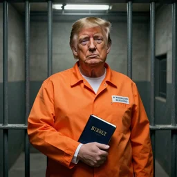 a head and shoulders portrait of Donald trump wearing orange prison clothing holding a bible standing in a filthy concrete jail In a maximum security prison, dimly lit, volumetric lighting,, craig mullins octane, 8k,