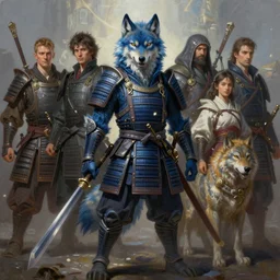 anthropomorphic Azure samurai wolf, DnD character art portrait, oil painting,  magic the gathering artwork, D&D, fantasy, cinematic lighting, centered, symmetrical, highly detailed, digital painting, artstation, concept art, smooth, sharp focus, illustration, volumetric lighting, epic Composition, 8k, art, DeviantArt, trending on Artstation, Jason Felix, Steve Argyle, Tyler Jacobson, Peter Mohrbacher, Greg Rutkowski, Craig Mullins, Frank Frazetta, cinematic lighting H- 768