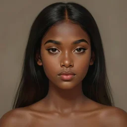 A bust of a beautiful black skinned Sri Lankan girl with large lips and smooth eyebrows and straight hair, HD, illustration, epic, fantasy, intricate, elegant, amazing detail, digital painting, artstation, concept art, smooth, sharp focus, illustration, art by Turine Tran