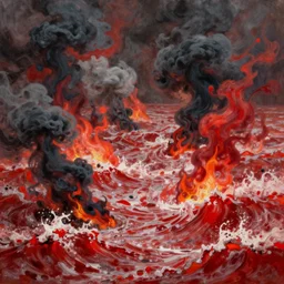 a churning, boiling, flaming red sea with lots of smoky black and red steam, extremely detailed oil painting, unreal 5 render, rhads, Bruce Pennington, Studio Ghibli, tim hildebrandt, digital art, octane render, beautiful composition, trending on artstation, award-winning photograph, masterpiece