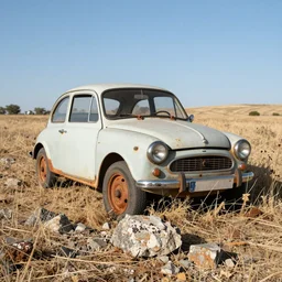 rusty european car overgrown, dry field, sharp rocks