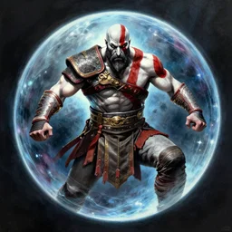 kratos the god of war trapped into a magic sphere, painted by mike mignola, realistic