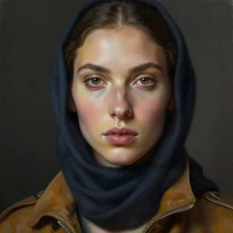 detailed portrait in femininity, realistic face sculpted features, ethnic, exotic, deep clear eyes, statuesque, gazelle - like, flight suit and scarf, tangible, cinematic lighting, chiaroscuro, radiant, smooth tones, contrasting highlights, fresnel, mediterranean color palette, contemporary modern fashion, deep rich hues, moody oil