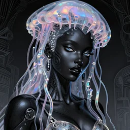 close - up portrait of an absurdly beautiful, graceful, sophisticated, fashionable black cyberpunk mechanoid gravure idol, hyperdetailed illustration by irakli nadar, adut akech, matt wisniewski style, intricate linework, dark black skin, jellyfish headdress, crystal ruff, unreal engine 5 highly rendered, global illumination, iridescent light, detailed and intricate environment