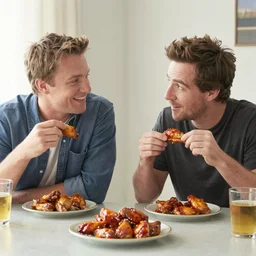 owen wilson and luke wilson eating buffalo chicken wings at the apartment from friends tv show, in the style of wes anderson, futura font, muted palette