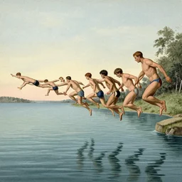 A vintage scientific illustration from the 1970s of humans in a line endlessly jumping into a lake by Zdzisław Beksiński