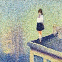gouache of a cute girl wearing school uniform standing on the edge of the roof of a tall building, delicate face, 8 k wallpaper, strong brush stroke, very high detailed, sharp focus, illustration, morandi color scheme, art station, by krenz cushart