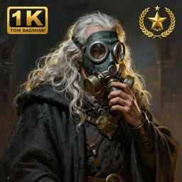 fineart illustration of the old necromancer, wearing a wizard cloak, gas mask, by tom bagshaw, hyper detailed, intricate, complex, 8 k, crisp,