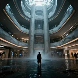 A dark figure alone inside an empty dark flooded mall, epic scale, dramatic lighting, majestic and imposing