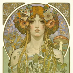a beautiful detailed front view portrait of a rotten woman corpse with fractal plants and fractal flowers and mushrooms growing around, symmetrical, ornate, ornamentation, illustration, in the style of art nouveau