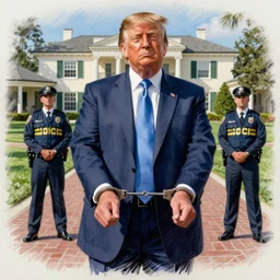 a perfect hand drawn picture of donald trump being put into hand cuffs by fbi a gents outside of his florida country club, insanely detailed