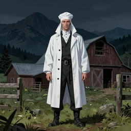 horror artwork, a plague doctor outside a barn, farm in the mountain, at night, by michael whelan, clean
