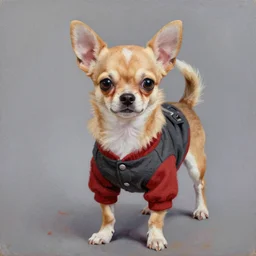 a honey colored chihuahua puppy Showing off her streetwear , Oil pain