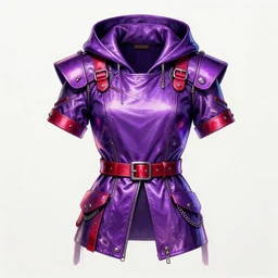 fashion drawing of a purple metallic shiny steam punk hoodie vest with red metallic belts and buttons and chains, big collar, big shoulder polster, short sleeves, very detailed, elaborate, purple neon light, soft white light from front - c 1 3 - w 5 1 2 - h 1 0 2 4 - n 4 - s 1 5 0