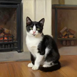 black and white kitten sitting on a wooden floor next to a fireplace oil painting