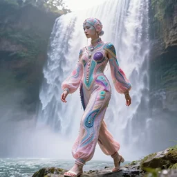 full - figured techno - embroidered androgynous human decorated with filigree and beads walks by a waterfall in the sky, safe for work, vivid pastel color scheme, by award - winning concept artist, dynamic composition, backlighting, radiant light