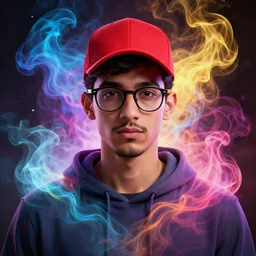 a young symmetrical beautiful middle eastern american male with wayfarer glasses and red baseball cap within colorful smoke energy by alex gray and android jones, concept art, octane render, 8 k, unreal engine