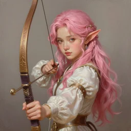 cute oil painted portrait of elven girl with pink hair holding bow, fantasy, intricate, elegant, extremely detailed digital painting trending artstation concept art heroic portrait sharp focus, illustration, art by artgerm, greg rutkowski magali villeneuve gaston bussiere