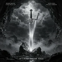 epic cinematic shot of an mythical magical sword halfway embedded in a stone in a cave of an giant, cloudy, foggy, storm, night setting. realistic shaded lighting poster by craig mullism, jeremy lipkin and michael garmash, radiant light, detailed and intricate environment, digital art, trending on art station kvlt by peder balke by peder balke by guido crepax by norman bluhm mystic high contrast monochromatic noir