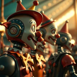 closeup profile portrait of tin toy anime clown robots in a circus, nicoletta ceccoli, mark ryden, lostfish, max fleischer, depth of field, detailed and intricate environment, golden hour, 8 k resolution, hyperrealistic, octane render, vivid colors, bright, cheerful, detailed and intricate retro environment