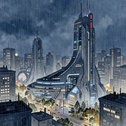 futuristic Sci-fi cyberpunk city at night in the rain. Watercolour