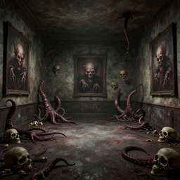 a photoreal empty room ctulhu inside, demonic pictures on the walls, detailed tentacles everywhere, bones, and skulls, horror atmosphere, 4 k unreal engine renders, ultra - wide angle, by zdzisław beksinski, hd, cinematic