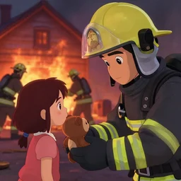 animation key shot, firefighter giving a young girl a teddy bear to cheer her up as his team is putting out a house fire in the background, close up shot, studio Ghibli, Pixar and Disney animation, sharp, Rendered Unreal Engine 5, film key art, Greg Rutkowski, Bloom, dramatic lighting