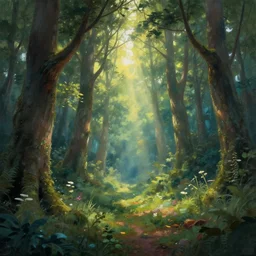 a magical painting of a mystical forest clearing with sunrays
