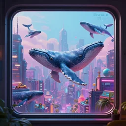view through window, a cyberpunk city, whales floating around, very detailed, very colorful, vibrant, 8 k, photorealistic, octane render