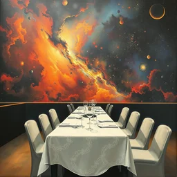 restaurant at the end of the universe, awe, minimalist painting by dave dorman and daniel docciu