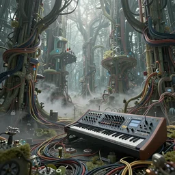 dense modular synthesiser forest, cables, wires, organic electronic, volumetric fog, intricate, highly detailed, concept art, masterpiece