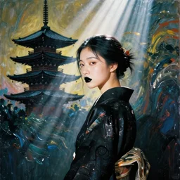 filmstill, over the shoulder, upper body, photography of asian girl model looking to camera, black lips, black kimono, black pagoda, sad mood, god rays, volumetric light, lightbeams, art noveau style, neobrutalistic, liquid acrylic paint fluid, painted by monet and kandinski, photography, hypperrealistic, beautiful details, smooth illustration