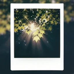 atmospheric Polaroid photo of tree leaves, sun shining through, light rays
