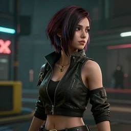 a profile shot of the video game character Judy Alvarez from the video game Cyberpunk 2077