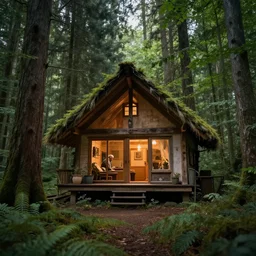 my grandpa build a cozy home in middle of the deep forest, he is forest demigod, artistic photo composition