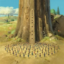 a whole bunch of little tiny people, by zdzisław beksinski and studio ghibli