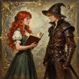 an epic fantasy comic book style painting of a young red headed girl with a book in one arm meeting a young boy thief with blonde wearing plain brown leather thief clothes, d & d, fantasy, intricate, elegant, highly detailed, digital painting, artstation, concept art, matte, sharp focus, illustration, art by artgerm and greg rutkowski and alphonse mucha