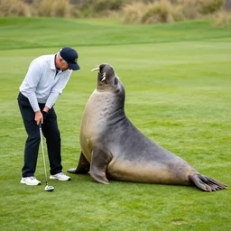 A large adult male Elephant seal rearing up, blocking a golfer from the hole on a golf course green, photographed in the style of National Geographic photographer Paul Nicklen, Hyperreal