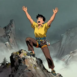 a young climber about to reach the top of a mountain, positive, energetic, enthusiasm, detailed, cinematic, dramatic lighting, by al feldstein