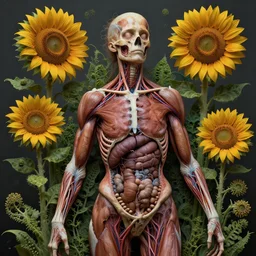 beautiful and detailed rotten woman corpse with fractal plants and fractal sunflowers growing around, muscles, veins, arteries, intricate, organs, ornate, surreal, john constable, guy denning, dan hillier